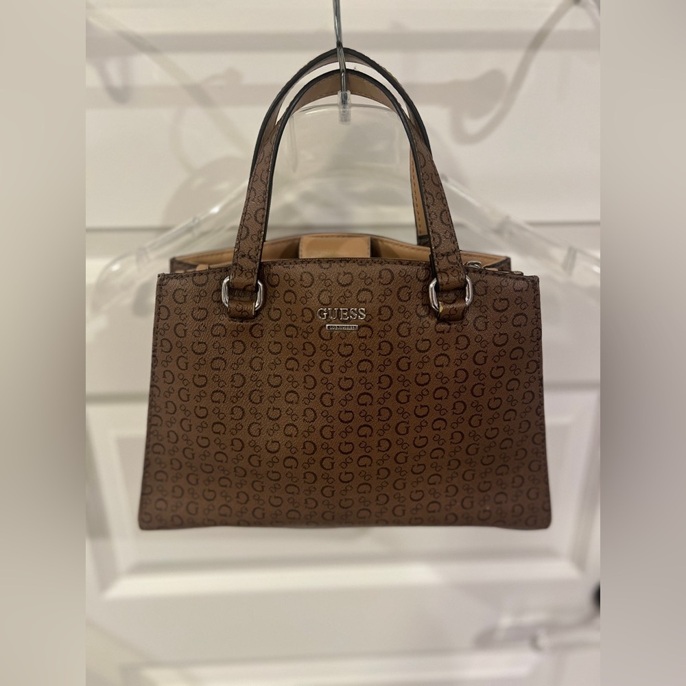 GUESS Brown Monogram Satchel with Double Handles